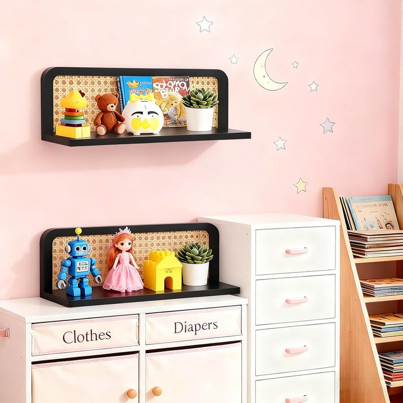 WHEARTED Floating Shelves Bathroom Wall Shelf, Wood Floating Book Shelves for Wall, Black Shelves for Living Room Bedroom Kitchen, Rattan Shelf, Nursery Book Shelves for Room, Set of 2 - Image 5